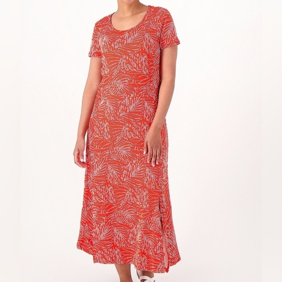 Cuddl Duds Short Sleeve Maxi Dress Orange Palm Print Women’s 1X Flexwear - Picture 1 of 13